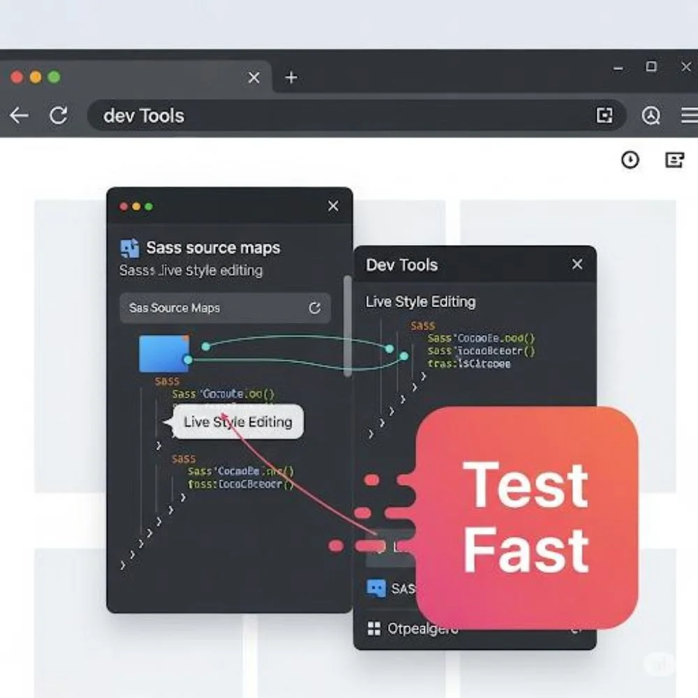 “Sass source maps and DevTools interface showing live style editing for fast testing of Sass code in the browser.”
