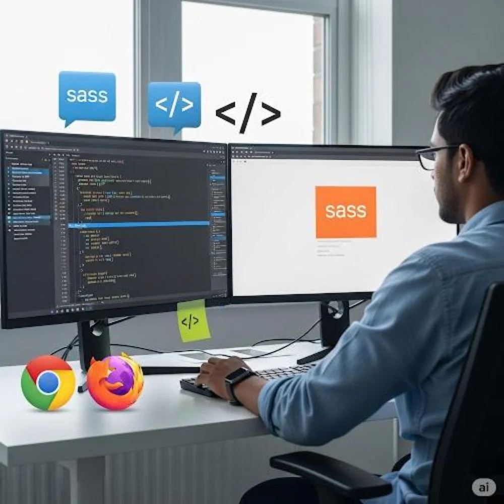 Web developer testing Sass code using browser tools on dual monitors”
