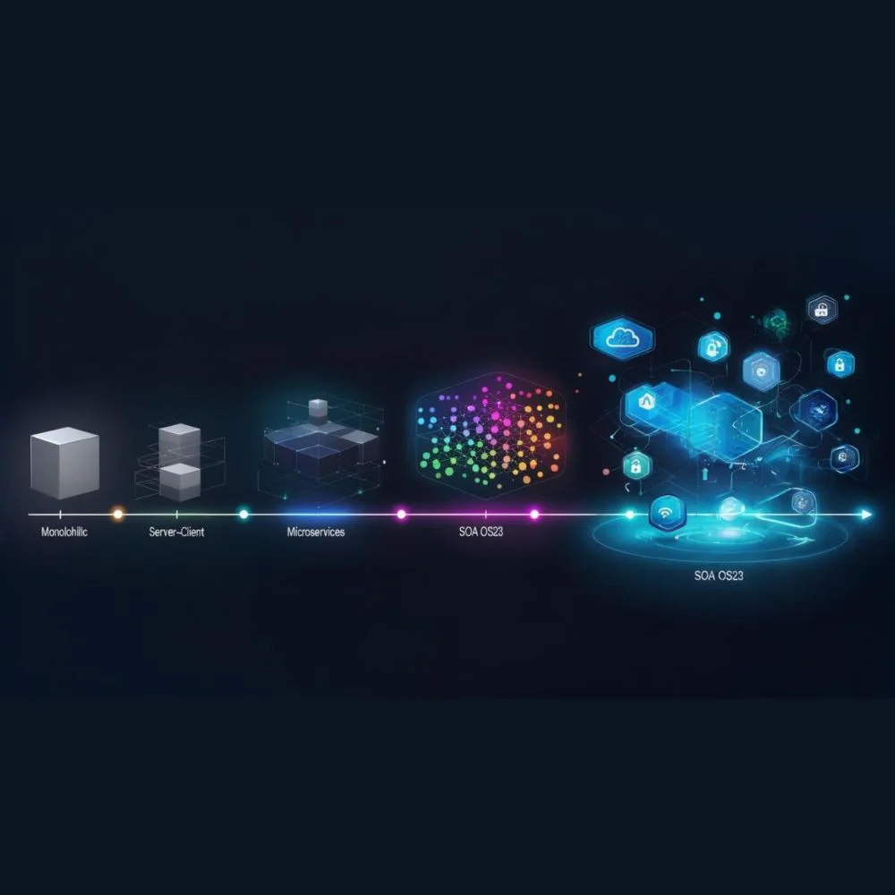 Evolution of software architecture ending in SOA OS23 with digital services.