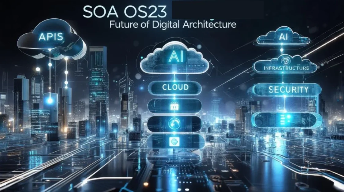 Futuristic blueprint of SOA OS23 with connected services and APIs.