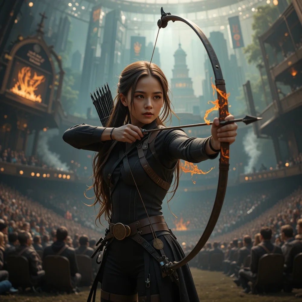 A teenage archer stands in a forest arena with a flaming pin and distant city screens broadcasting the event.