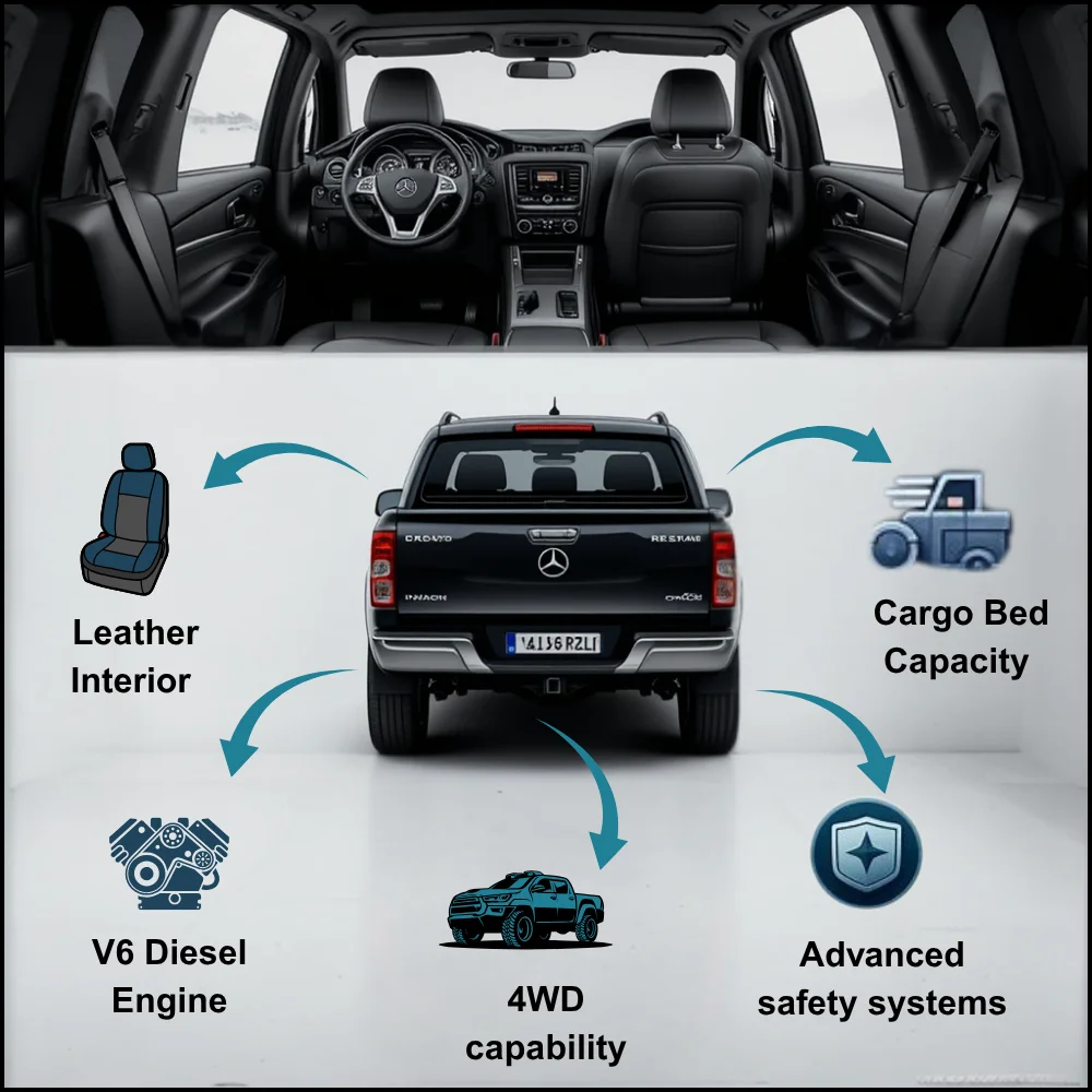 nfographic showing key features of the Mercedes-Benz X-Class, including luxury interior, V6 engine, 4WD, safety tech, and cargo capacity.