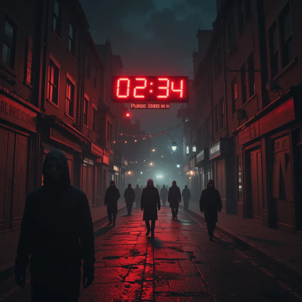 Masked figures roam a dark city street under glowing red lights and a digital purge countdown timer.