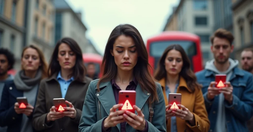 People on city street check phones showing red alert icons during outage.