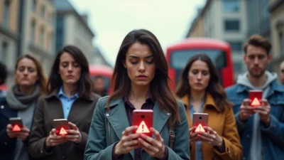 People on city street check phones showing red alert icons during outage.