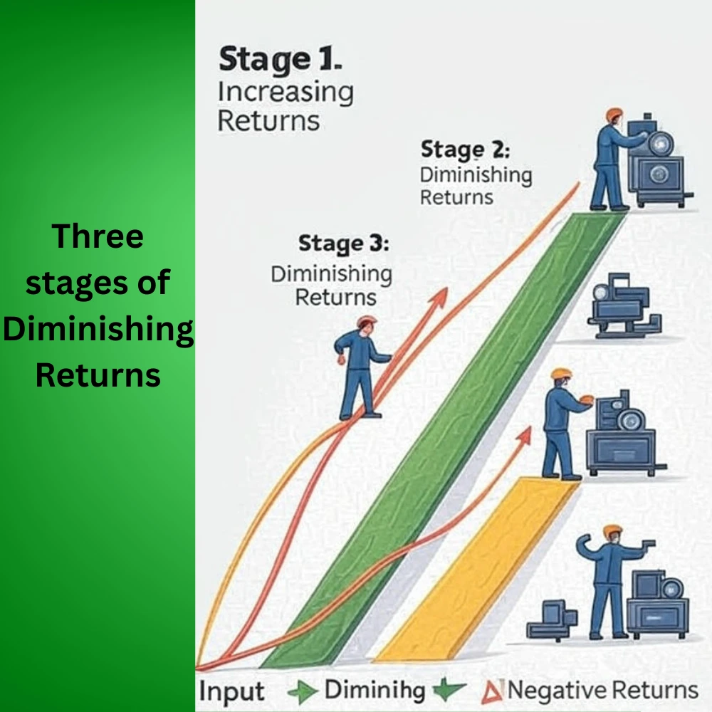 Infographic showing three stages of production in the law of diminishing returns: increasing, diminishing, and negative returns with labeled input-output curve.