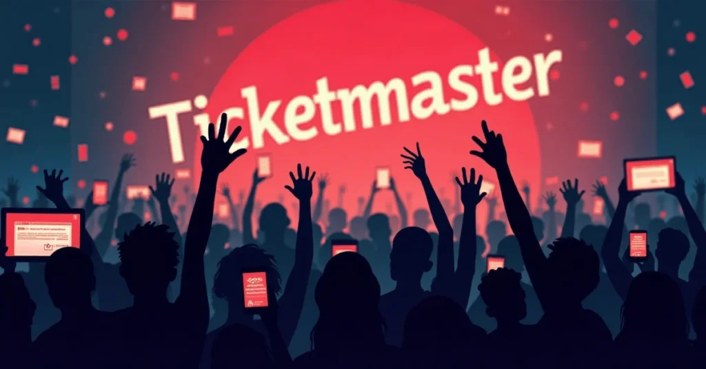 Crowd holding phones with error messages in front of Ticketmaster logo during ticket outage event.