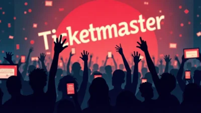 Crowd holding phones with error messages in front of Ticketmaster logo during ticket outage event.
