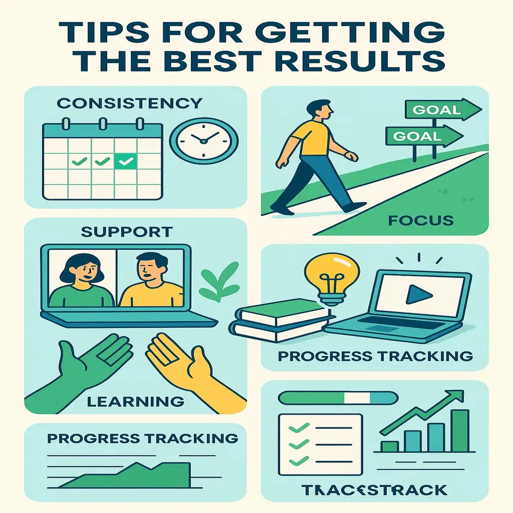 The image shows tips for success: be consistent, stay focused, get support, keep learning, and track your progress. 