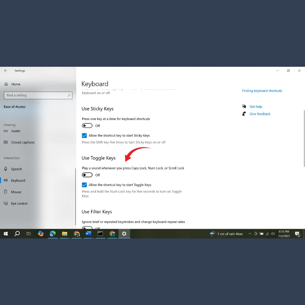Toggle off the switch to disable Sticky Keys completely.