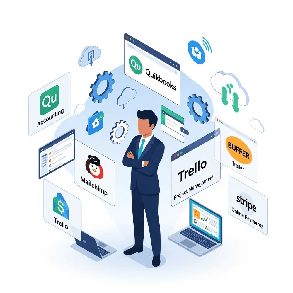 Illustration of a businessperson using tools like QuickBooks, Mailchimp, Trello, Buffer, and Stripe as part of effective business growth strategies. 