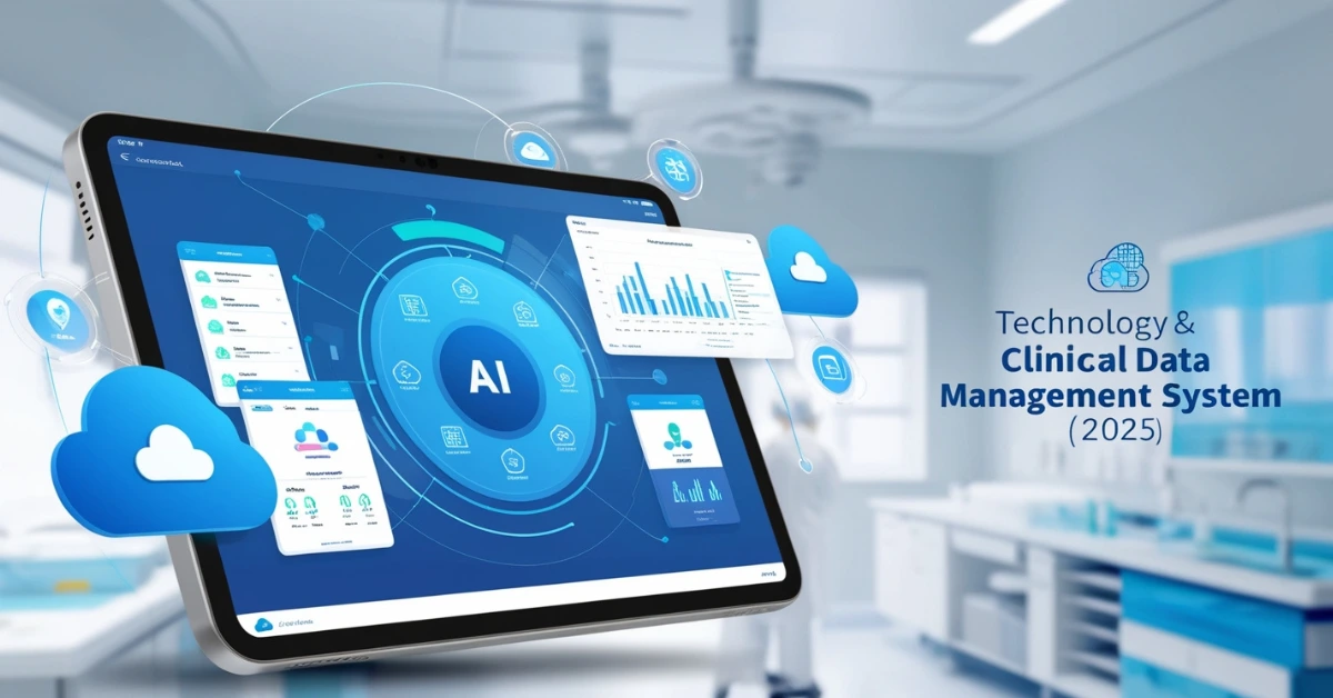 Modern Clinical Data Management System (CDMS) dashboard showing AI-powered analytics, cloud integration, and real-time medical data in a futuristic clinical setting, 2025.