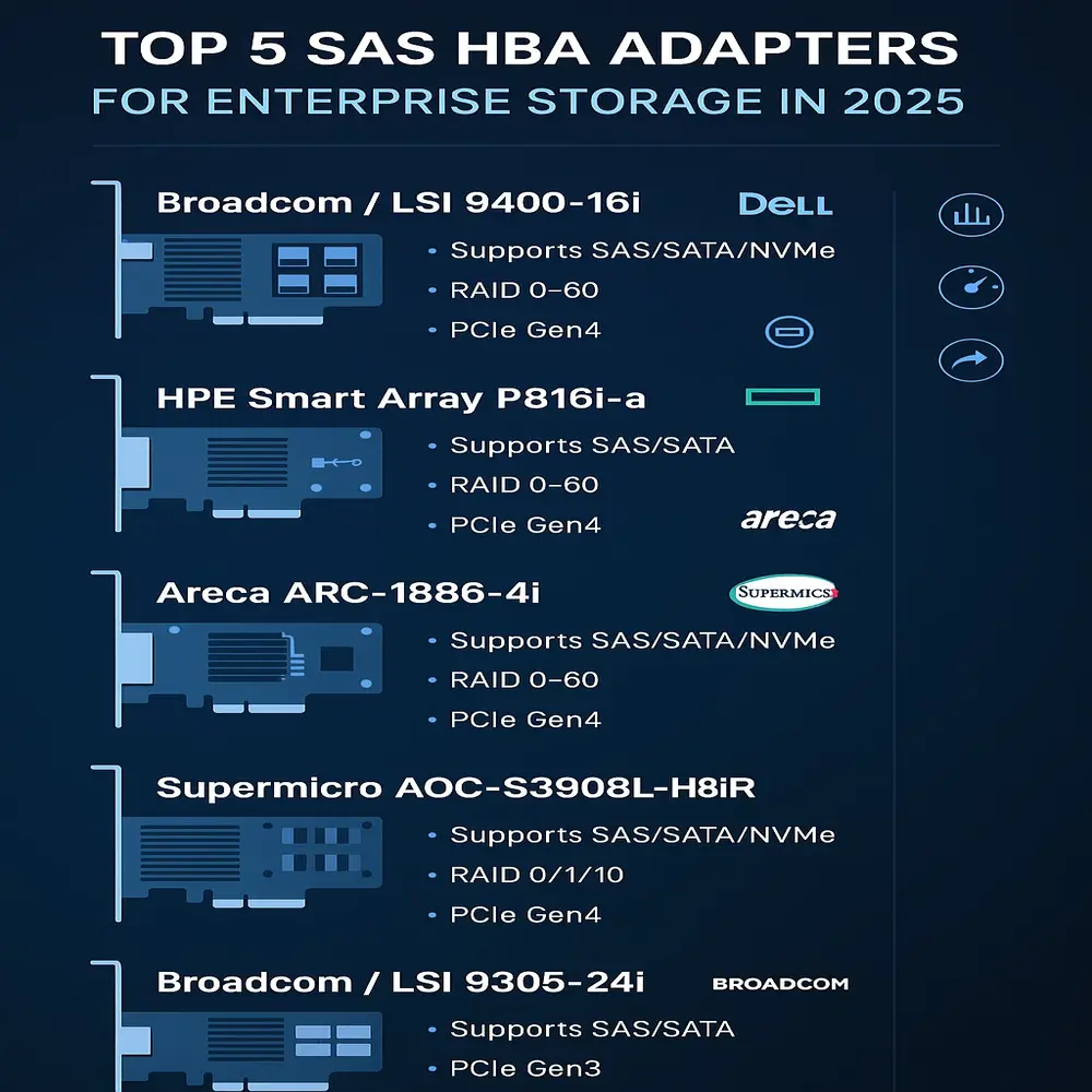 Comparison chart of five SAS HBA adapters with specs like interface support, RAID levels, and PCIe version. 