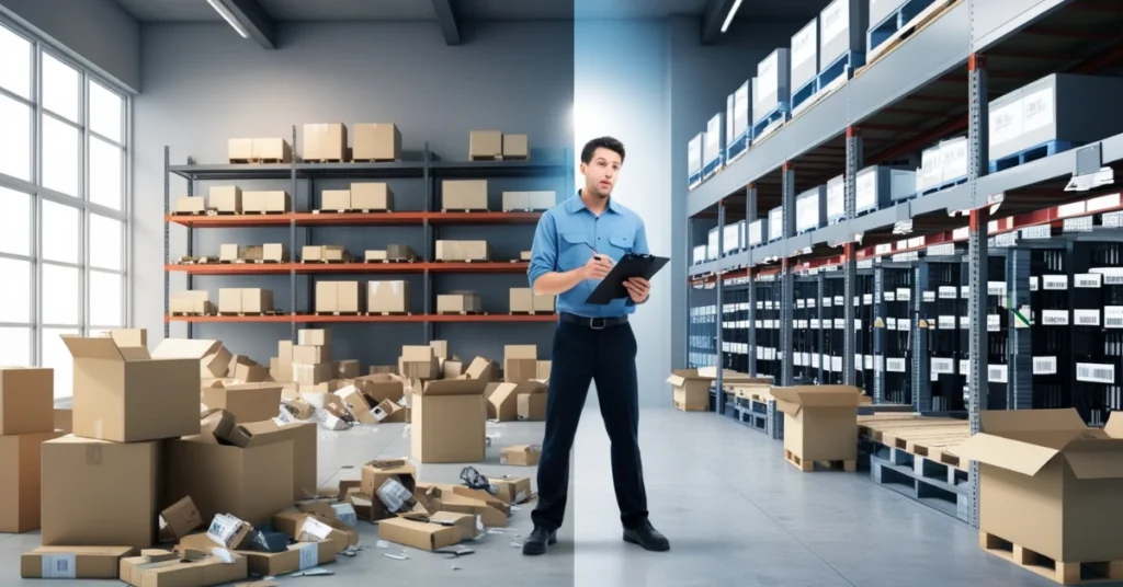 Warehouse showing contrast between inventory mismanagement and organized stock control