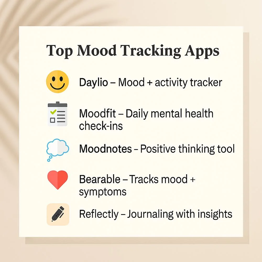 Top Mood Tracking Apps with icons and brief descriptions of Daylio, Moodfit, Moodnotes, Bearable and Reflectly. 