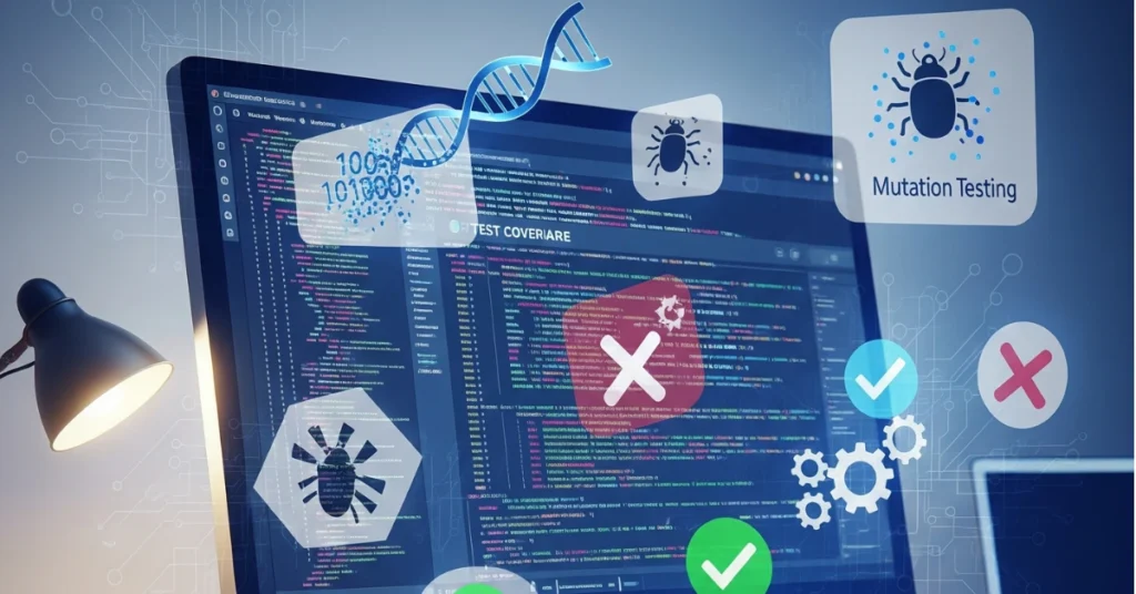 Developer workspace with a computer screen showing code and mutation testing reports, surrounded by icons like DNA strands, bugs, checkmarks, and gears representing test quality and automation.