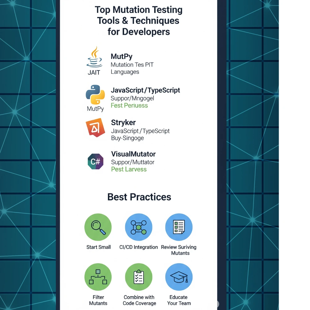 A vertical infographic showing "Top Mutation Testing Tools & Techniques for Developers"
