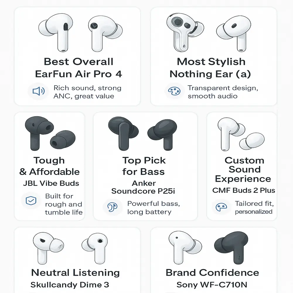 Infographic showing 8 budget earbuds with names, categories, and short feature highlights in a clean, modern layout.