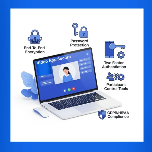 Laptop with video call and key video security feature icons
