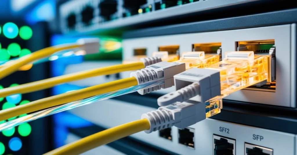 Close-up of small form pluggable (SFP) modules connected to network switches in a modern data center with glowing fiber optic cables.