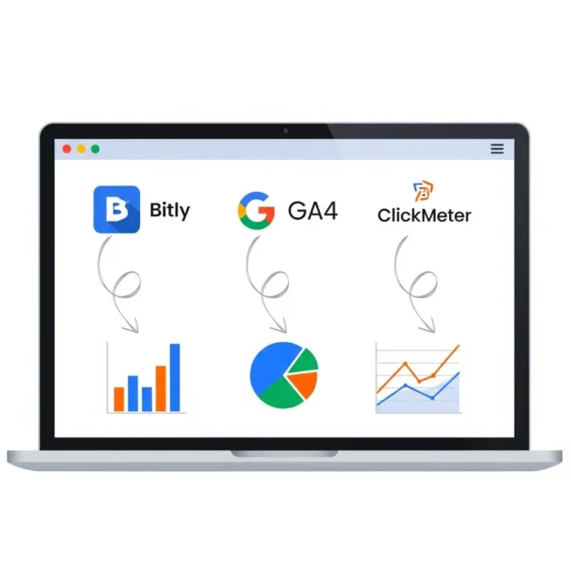 Laptop screen with Bitly, GA4, and ClickMeter icons plus charts.