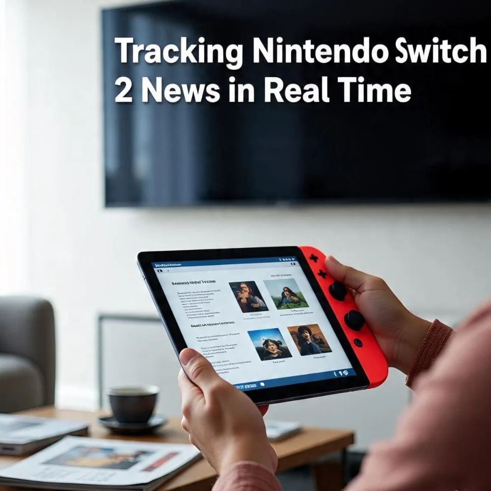 “Side-by-side comparison of Nintendo Switch and Switch 2 with news elements in background”
