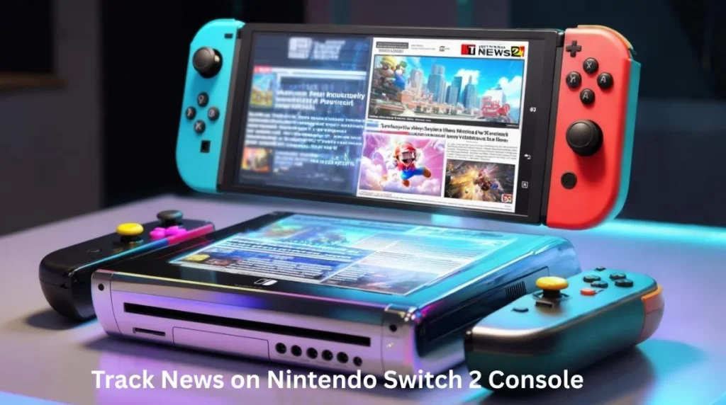 “Smartphone showing Nintendo Switch 2 news updates with console image in background”
