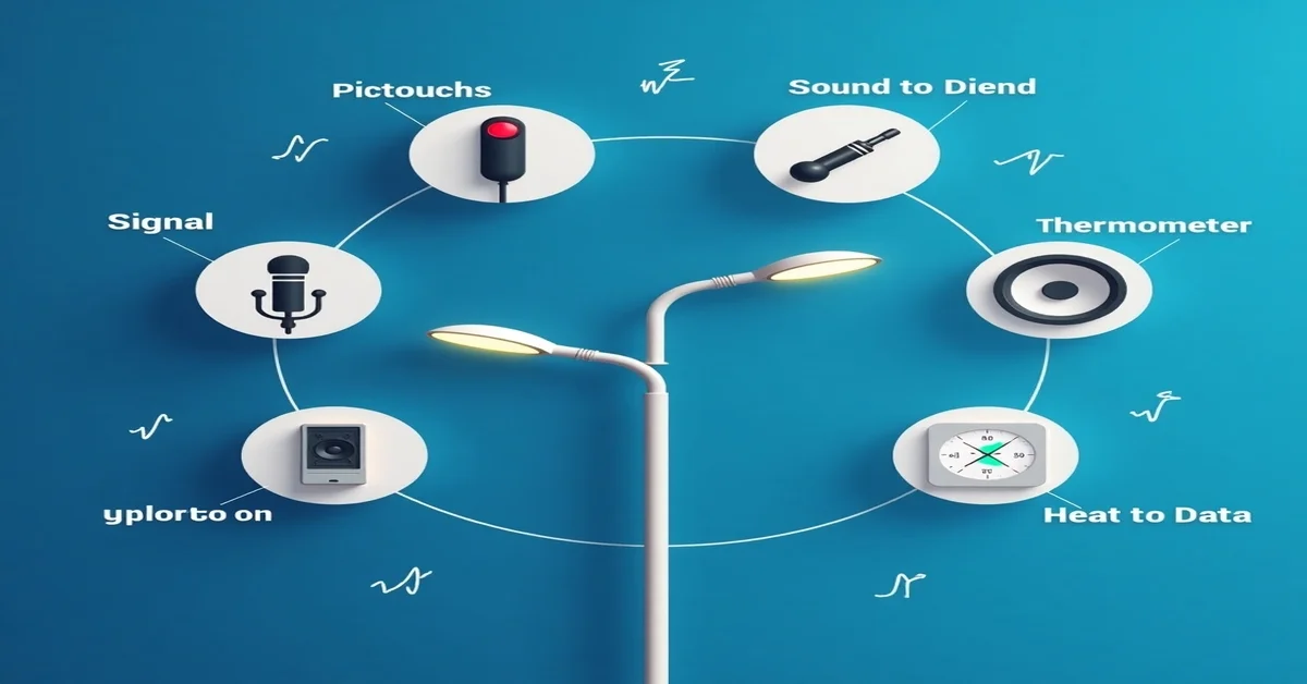 Transducteur diagram around a streetlight showing input/output devices: button, audio jack, temperature sensor, data gauge, speaker, and microphone.