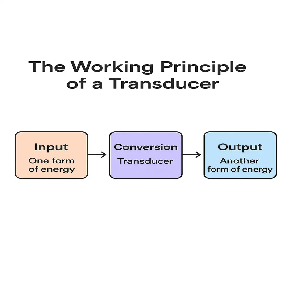 Diagram of transducer principle: lightning bolt (input) → device icon (conversion) → sound waves (output).