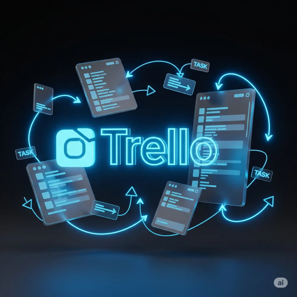Trello logo with glowing cards on dark background
