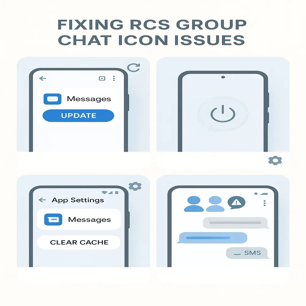 Illustration showing four troubleshooting steps for fixing RCS group icon issues: update app, restart phone, clear cache, and check RCS compatibility. 
