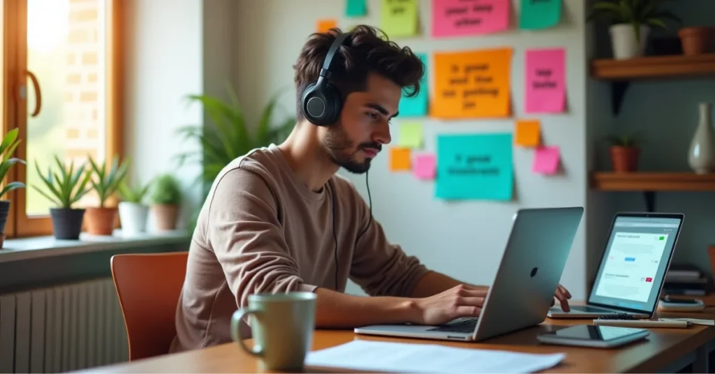 Creative freelancer workspace with tools & light