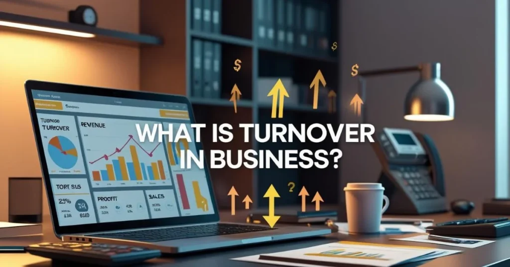 Business laptop showing turnover charts with title text.