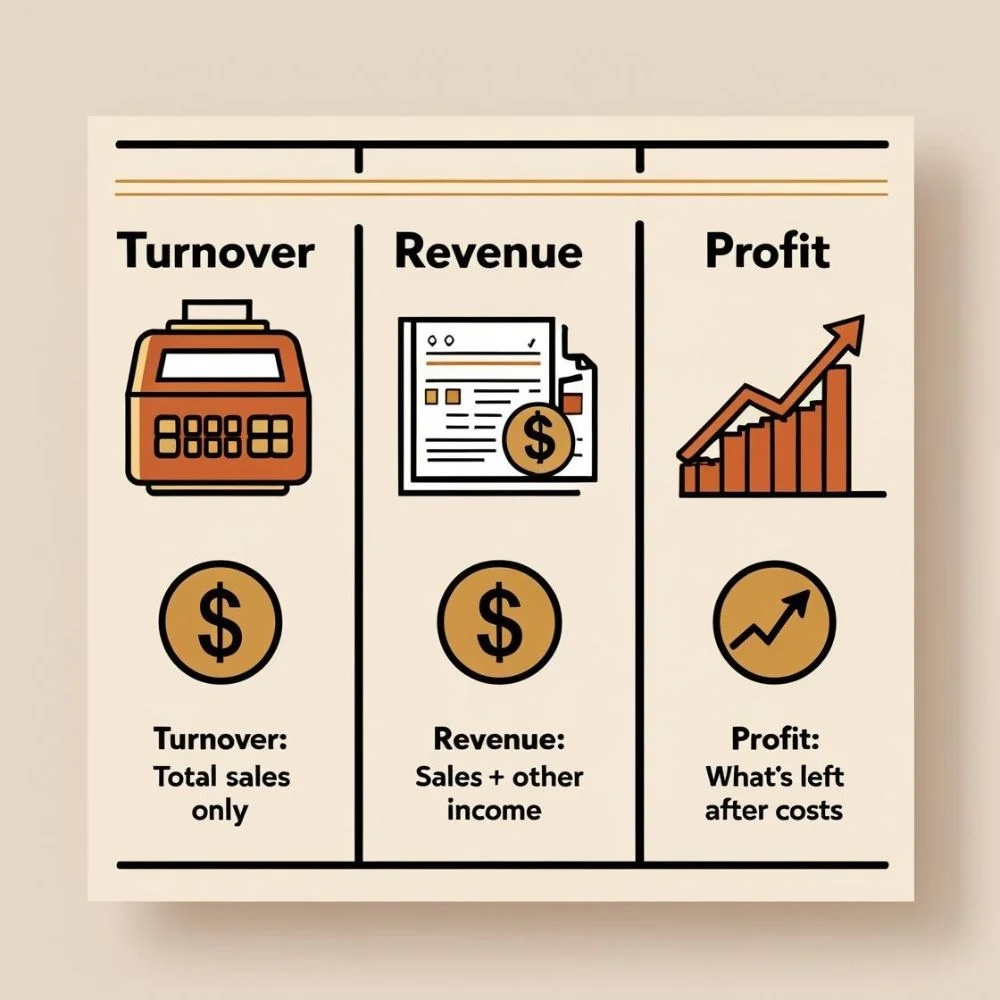 Infographic comparing turnover, revenue and profit with icons and brief definitions.