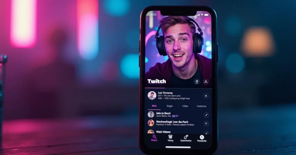 Mobile screen with Twitch stream running in vertical format, featuring live chat and simplified UI for portrait viewing.