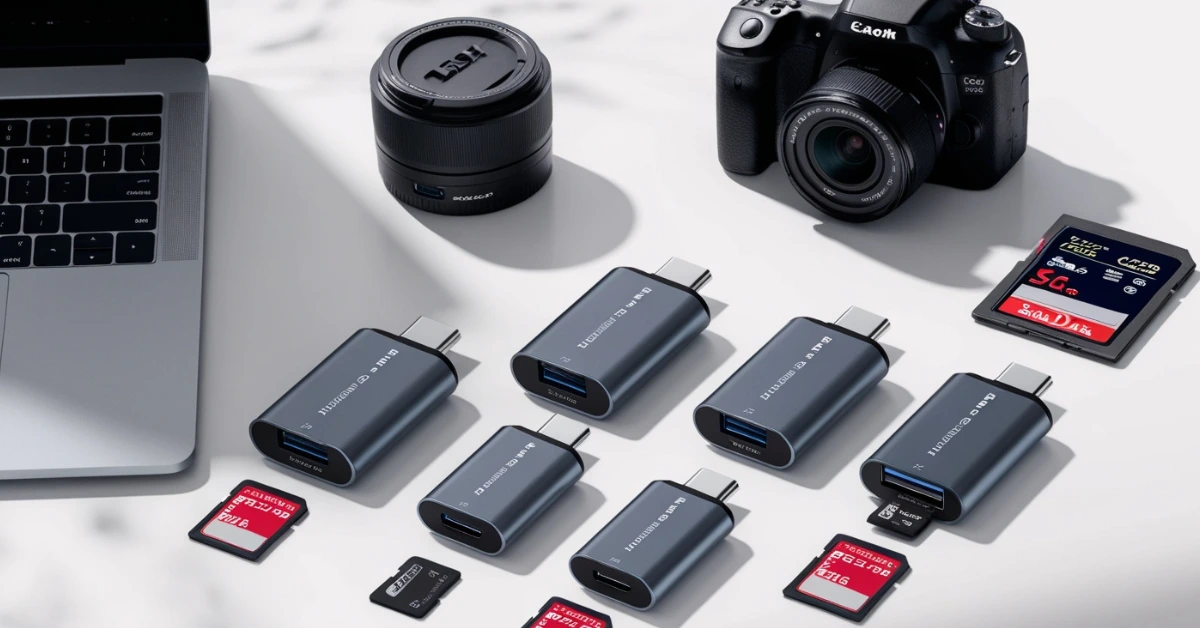 Top 5 USB Type-C card readers with memory cards and laptop on a desk for fast data transfer in 2025.