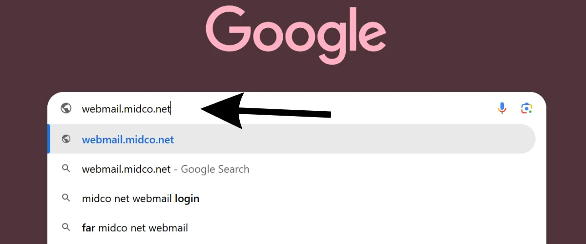 User typing webmail.midco.net into the browser's address bar to access Midco Webmail