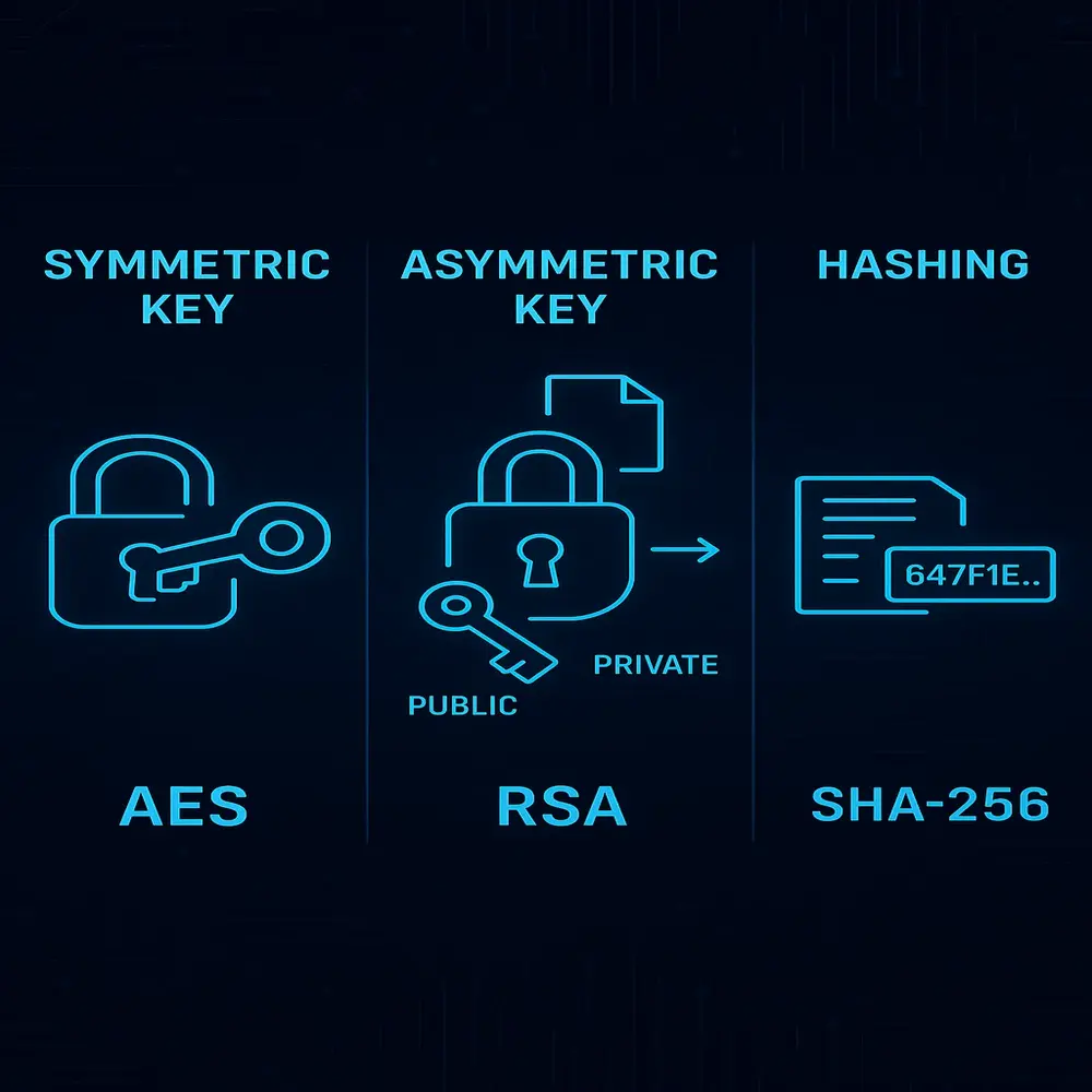 Infographic showing types of cryptographic algorithms: symmetric key with one key, asymmetric key with public and private keys, and hashing with fixed output. 