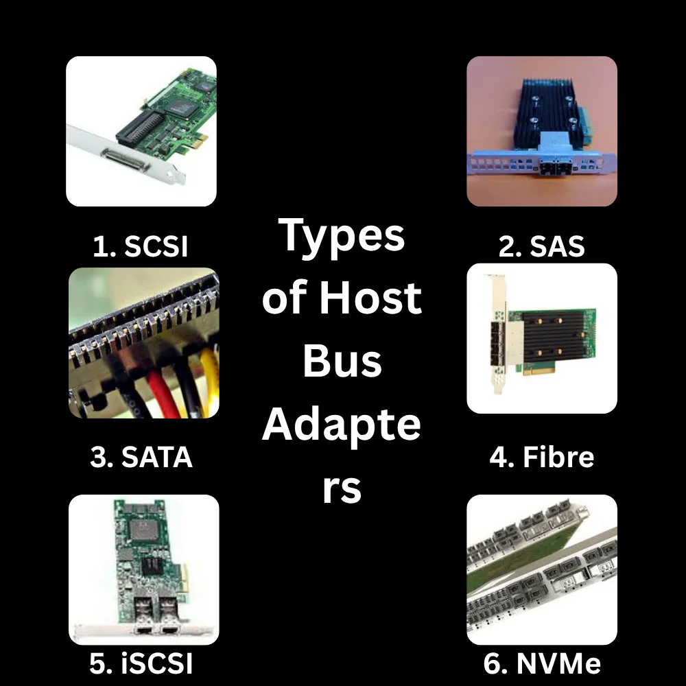 Infographic showing six types of Host Bus Adapters with images: 1. SCSI, 2. SAS, 3. SATA, 4. Fibre, 5. iSCSI, 6. NVMe, 