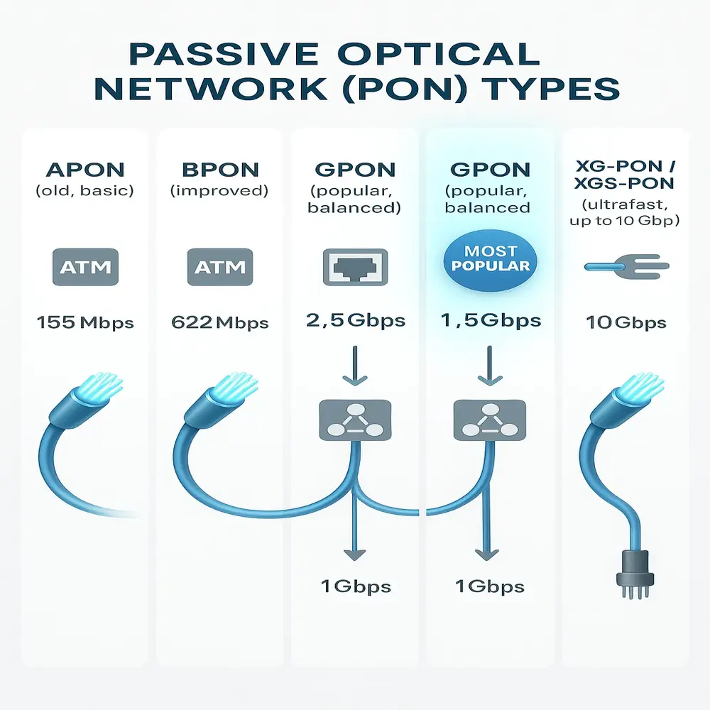 Comparison chart of PON types showing speeds from 155 Mbps (APON) to 10 Gbps (XG-PON), with GPON as the most popular option. 
