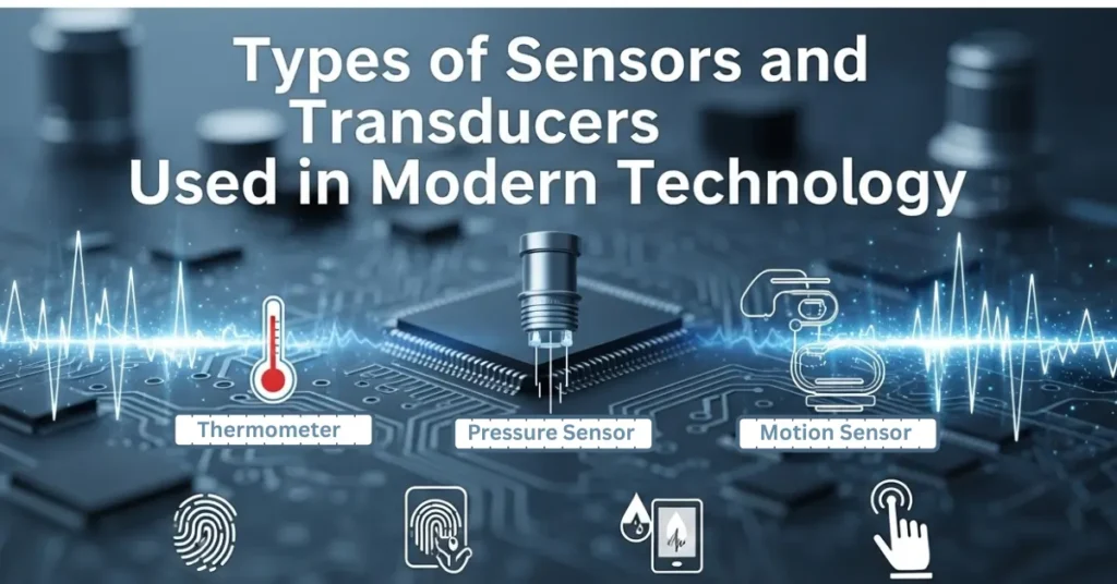Tech image with thermometer, pressure, and motion sensors on a circuit board background.