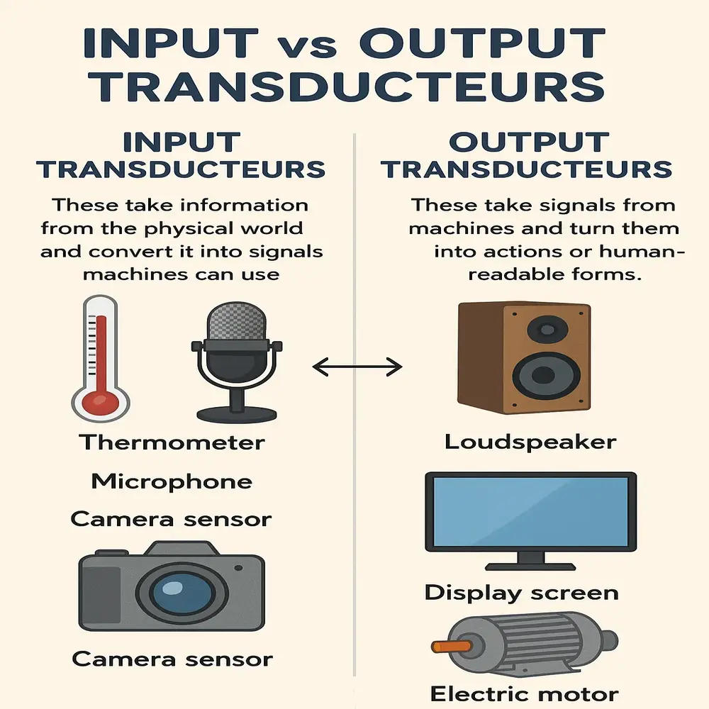 Infographic of input (thermometer, microphone, camera) and output (speaker, display, motor) transducers, showing conversion between physical and electrical signals.