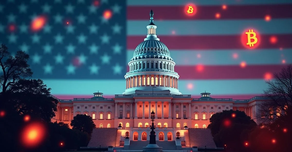 The U.S. Capitol Building with superimposed stablecoin and blockchain icons, symbolizing crypto legislation in Congress.