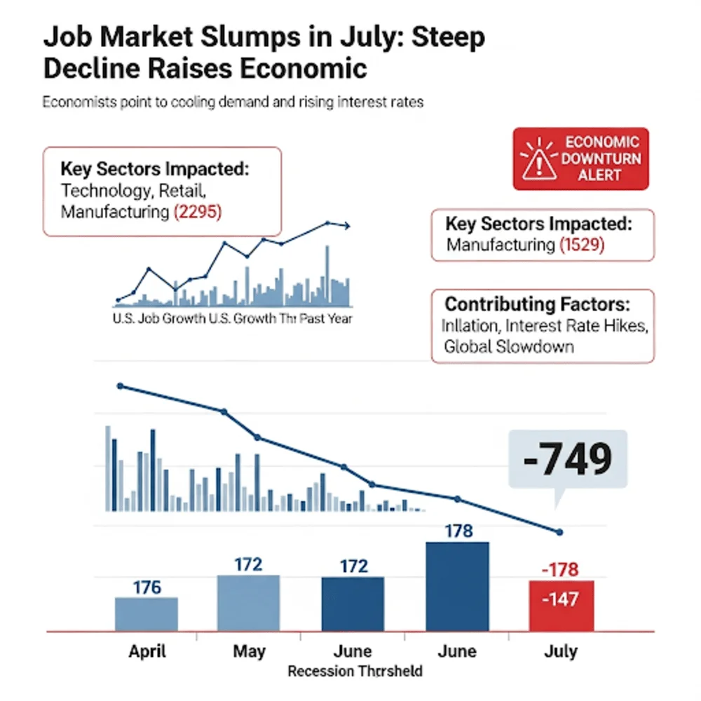 Bar chart showing steep decline in U.S. job growth for July, comparing previous months; includes recession warning icons and news-style annotations.