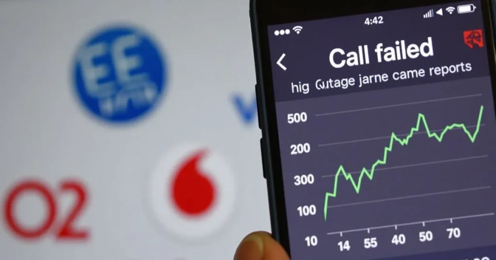 Mobile phone displaying “Call Failed” error amid network outage visuals for EE, Vodafone, and O2.