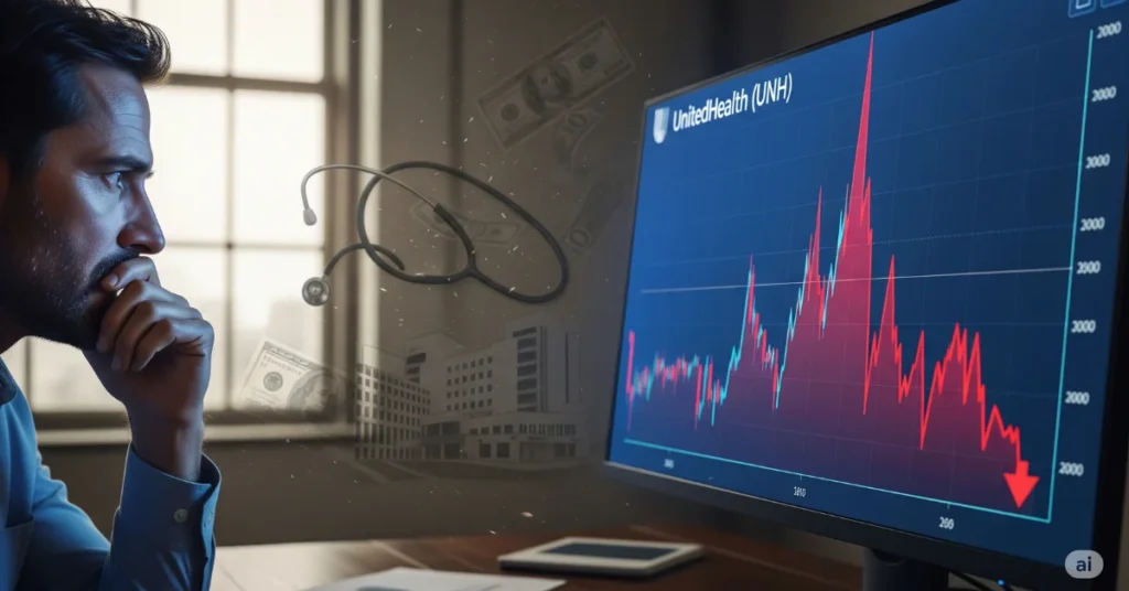 UNH stock drop with investor and health icons
