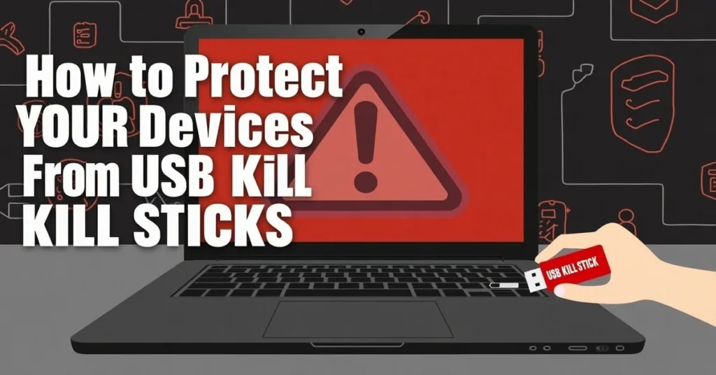 Illustration of a hand holding a red USB Kill Stick near a laptop with a red warning symbol on the screen, and bold text reading "How to Protect YOUR Devices From USB Kill Kill Sticks."