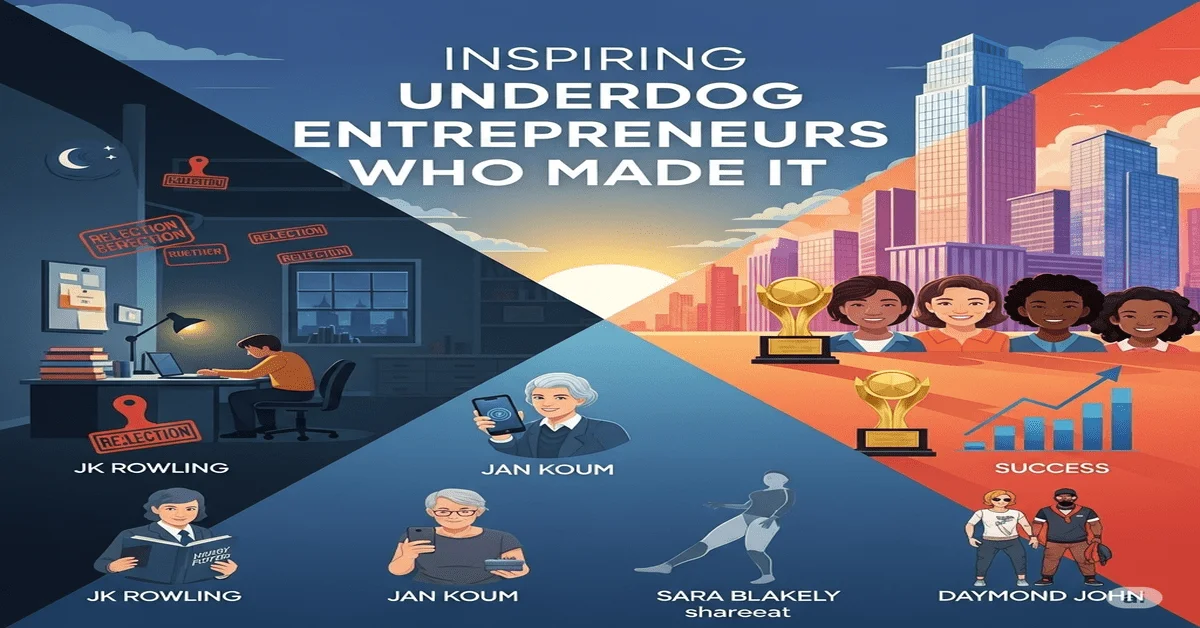 Illustration depicting underdog entrepreneurs rising from struggle to success, with symbolic elements like hard work, rejection, and growth, featuring icons like Jan Koum, JK Rowling, Sara Blakely, and Daymond John.
