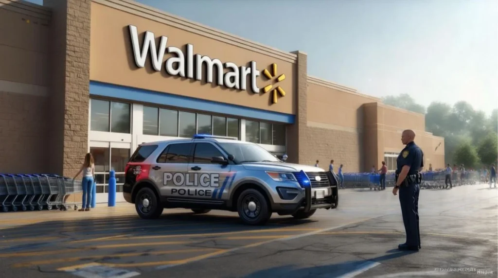 Walmart entrance during daytime, marked police vehicle in parking lot, uniformed officer standing guard.”
