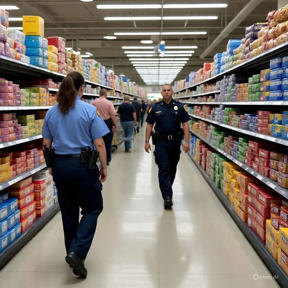 “Interior grocery aisle with uniformed officer patrolling inside store among shoppers.”